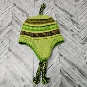 Alpaca Chullo Beanie Green Toddler Kids 100% Wool